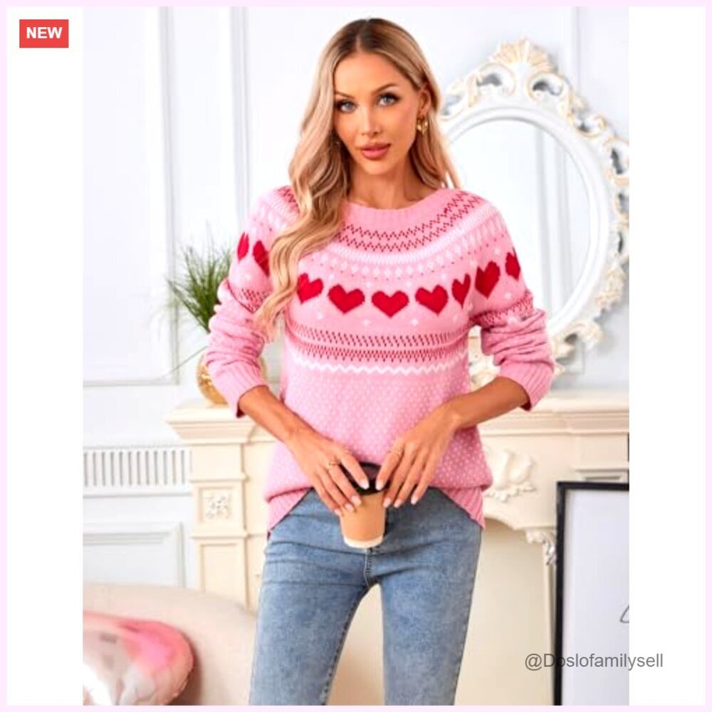 Fair Isle Heart Pattern Pullover Sweater Long Sleeve Crew Neck Loose Casual - Picture 3 of 7